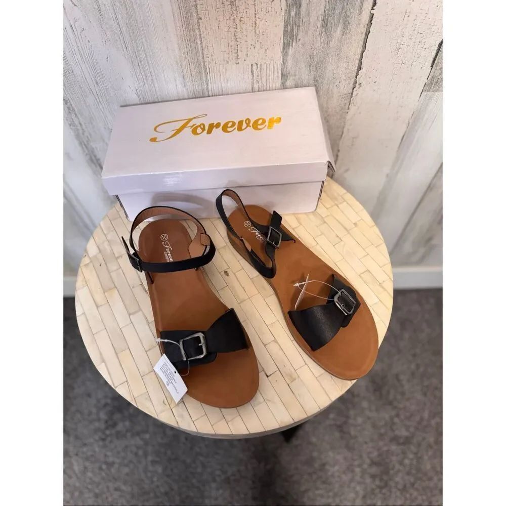Forever 21 Comfort Black Ankle Strap Sandals Size 10 Brown Footbed Buckle Casual